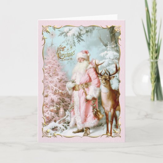 Vintage Pink Santa Claus deer tree Christmas Card  (Voorkant)