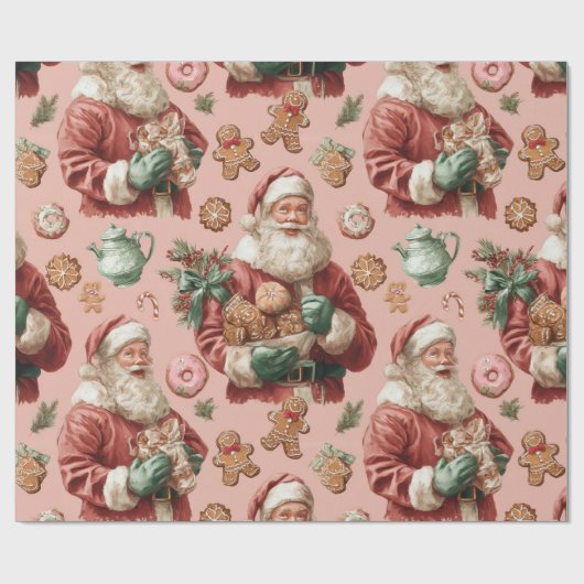 Vintage Pink Santa & Gingerbread Christmas Cadeaupapier (Vlak)