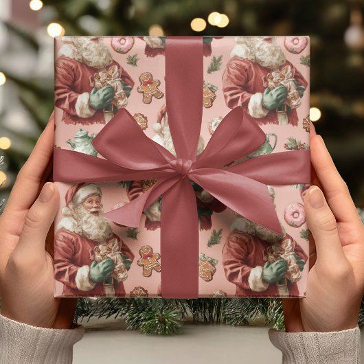 Vintage Pink Santa & Gingerbread Christmas Cadeaupapier