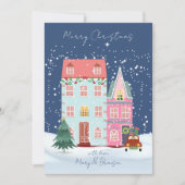 Vintage Pink Script Village Non Photo Christmas Feestdagenkaart (Voorkant)