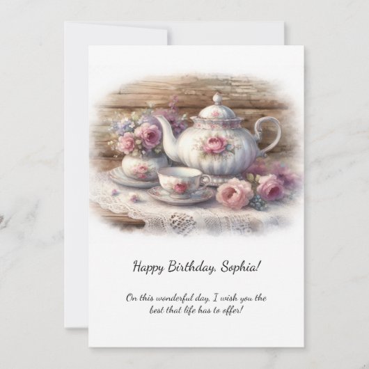 Vintage Pink Tea Setting Birthday | Kaart (Voorkant)
