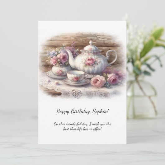 Vintage Pink Tea Setting Birthday | Kaart (Staand voorkant)