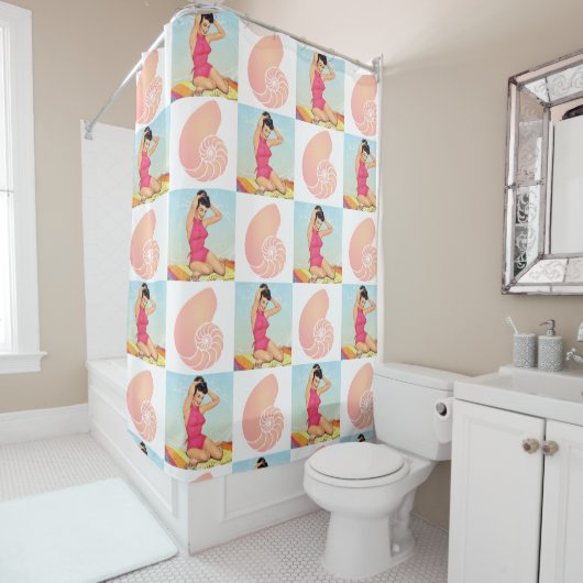 Vintage Pinup Girl en Sea Shells Douchegordijn (In situ)