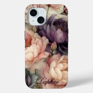 Vintage Pioenrozen in Roze en Paars Persoonlijk  iPhone 15 Case
