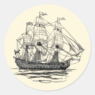 Vintage Piraten Galleon, Schets van een 74 kanonne Ronde Sticker