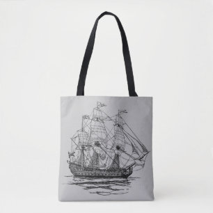 Vintage Piraten Galleon, Schets van een 74 kanonne Tote Bag