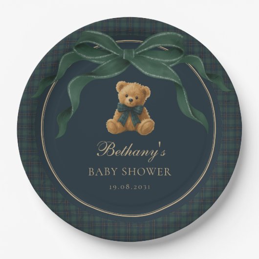 Vintage Plaid Tartan Teddy Bear Green Bow Papieren Bordje (Voorkant)