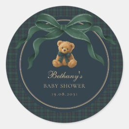 Vintage Plaid Tartan Teddy Bear Green Bow Ronde Sticker