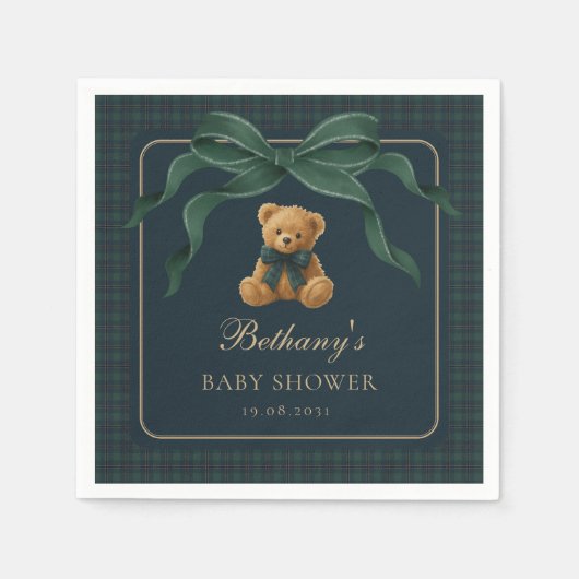 Vintage Plaid Tartan Teddy Bear Green Bow Servet (Voorkant)