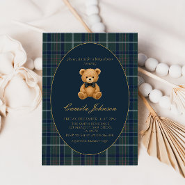 Vintage Plaid Teddy Bear Baby Shower Invitation Kaart
