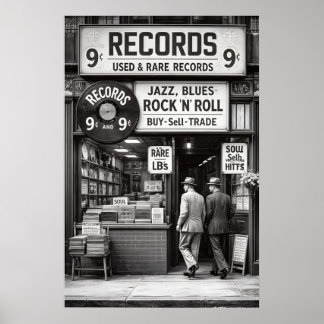 Vintage Platenwinkel Poster, Zwart Witte Muziek Poster