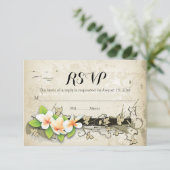 Vintage plumeria & iffige beige bruiloft RSVP (Staand voorkant)