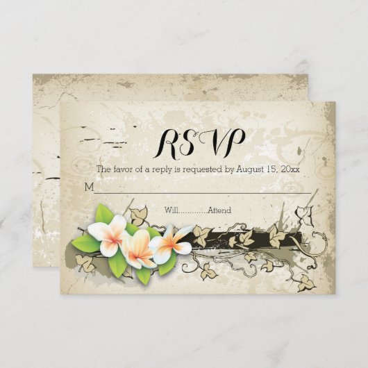 Vintage plumeria & iffige beige bruiloft RSVP (Voorkant / Achterkant)