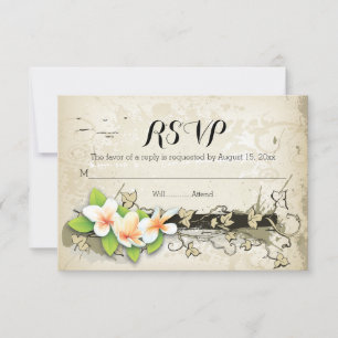 Vintage plumeria & iffige beige bruiloft RSVP Kaartje