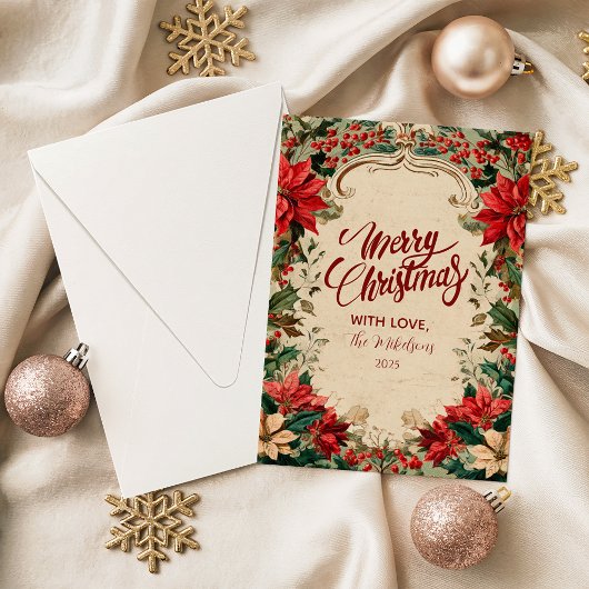 Vintage Poinsettia Holiday Feestdagenkaart
