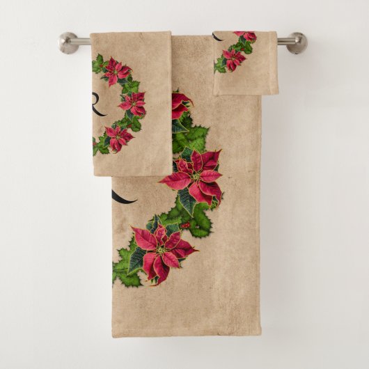 Vintage Poinsettia Holly Berry Wreath Monogram Bad Handdoek (Insitu)