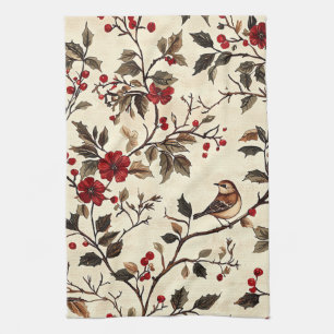 Vintage Poinsettia Vogel Kerst Crème Rood Theedoek