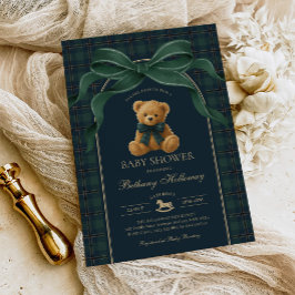 Vintage Polo Teddy Bear Groen Geruite Baby Shower Kaart
