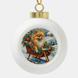 Vintage Pomeranian in houten Kerst slee Keramische Bal Ornament