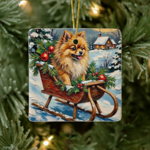 Vintage Pomeranian in houten kerstslee Keramisch Ornament