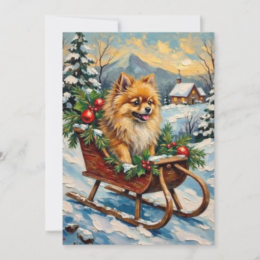 Vintage Pomeranian in Wooden Christmas Sleigh Feestdagenkaart (Voorkant)