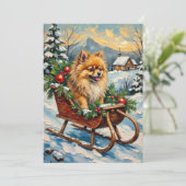 Vintage Pomeranian in Wooden Christmas Sleigh Feestdagenkaart (Staand voorkant)