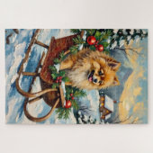 Vintage Pomeranian in Wooden Christmas Sleigh Legpuzzel (Horizontaal)