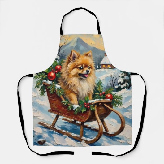 Vintage Pomeranian in Wooden Christmas Sleigh Schort (Voorkant)