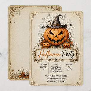 🎃🕸️ Vintage Pompoen Halloween Feestje 👻✨ Kaart