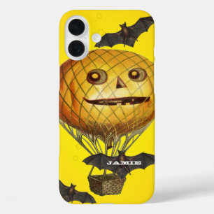 Vintage pompoenballonvaarding, halloween, Man en k iPhone 16 Plus Hoesje