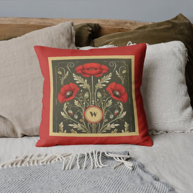 Vintage Poppies Gold Red Art Nouveau Monogram Kussen (Creator heeft geüpload)