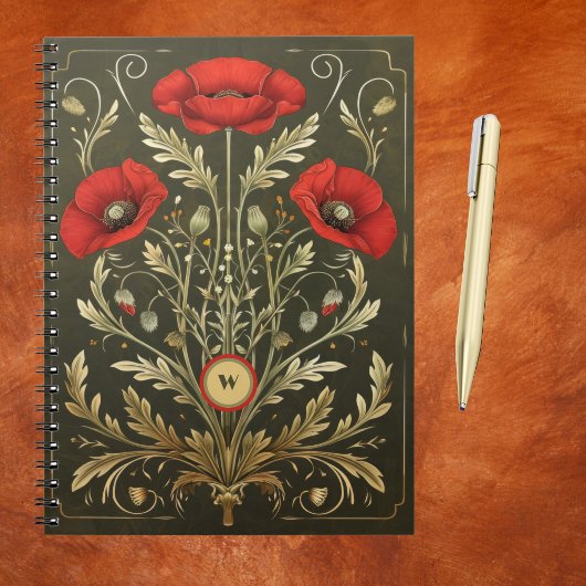 Vintage Poppies Gold Red Art Nouveau Monogram Notitieboek
