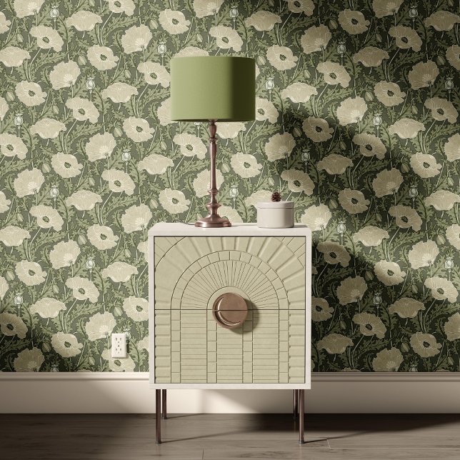 Vintage Poppy in cream sage olive green  Behang (Creator heeft geüpload)