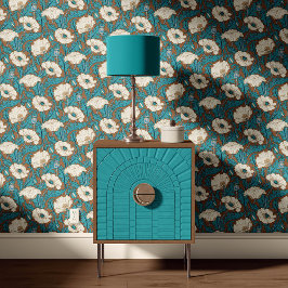 Vintage Poppy in roomkleur blauw roest Behang