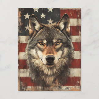 Vintage Portrait Wolf Mit Amerikanischer Flagge Briefkaart