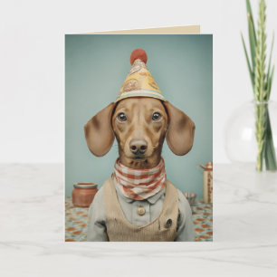 Vintage Portret van een Dachshund met Feestmuts Kaart