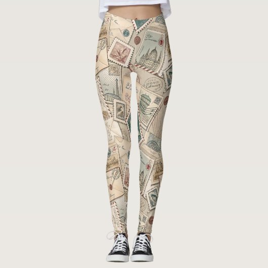 Vintage Postage Stamps Leggings (Voorkant)