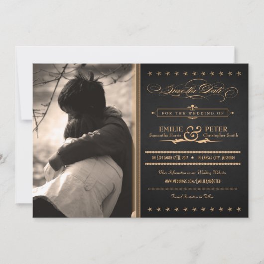 Vintage Poster Charcoal & Gold Photo Save the Date (Voorkant)