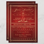 Vintage Poster Rich Red Wedding Invite & Reception Kaart (Voorkant / Achterkant)