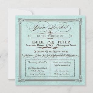 Vintage poster Style Blue & Brown Square Wedding Kaart