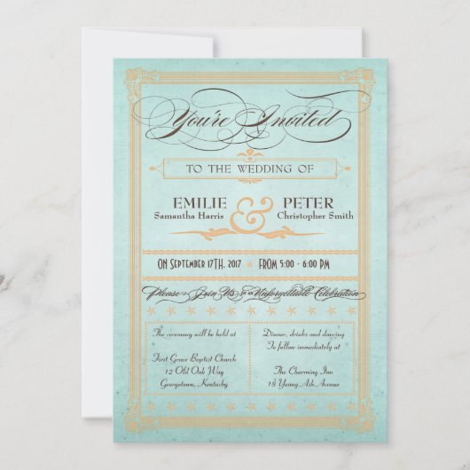 Vintage Poster Style Blue Wedding Invitation Kaart (Voorkant)