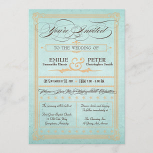 Vintage Poster Style Blue Wedding Invitation Kaart