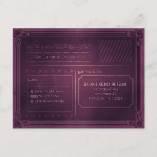Vintage Poster Style Paars RSVP Briefkaart (Achterkant)