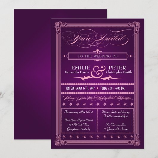 Vintage Poster Style Paarse bruiloft Kaart (Voorkant / Achterkant)