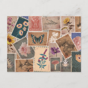 Vintage postzegels bloemen en natuur collage briefkaart