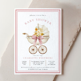 Vintage Pram Baby Shower | Blush & Golden Florals Kaart
