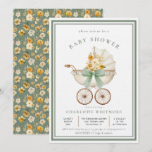 Vintage Pram Baby Shower Sage Green Golden Floral