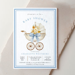 Vintage Pram Baby Shower  Sky Blue & Golden Floral Kaart