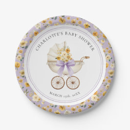 Vintage Pram Lavender Floral Baby Shower Plate Papieren Bordje