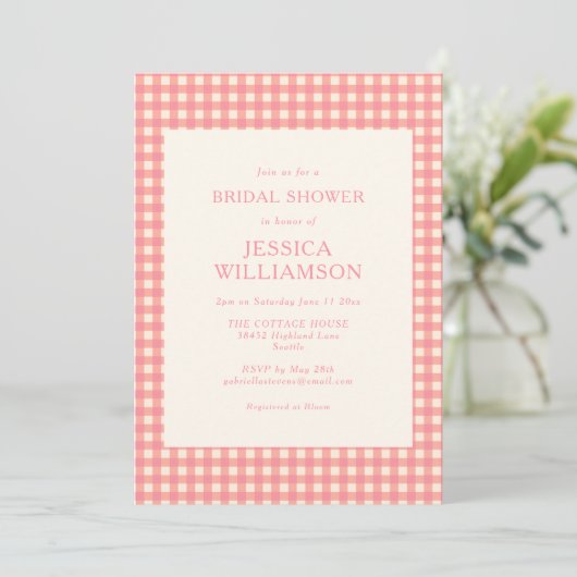 Vintage Preppy Roze Gingham Plaid Bruiloftsfeest Kaart (Staand voorkant)